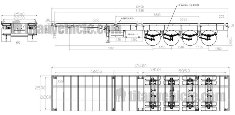 Drawing of 4 Axle Flatbed Semi Trailer