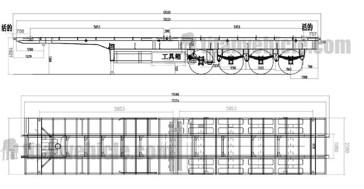 Drawing of 4 Axle Flatbed Semi Trailer